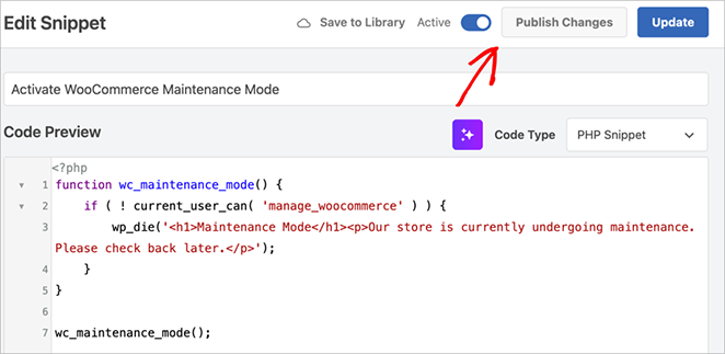 Enable the WooCommerce maintenance mode snippet