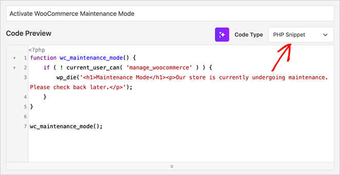 Select the PHP snippet type in WPCode