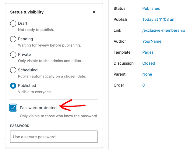 WordPress password protected page visibility option