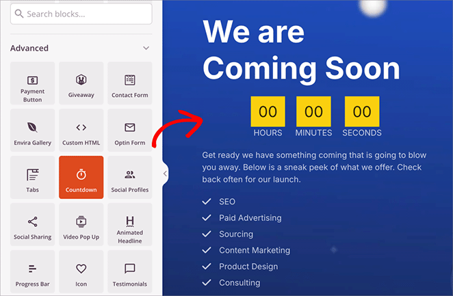 Adding the countdown timer block to coming soon page in SeedProd