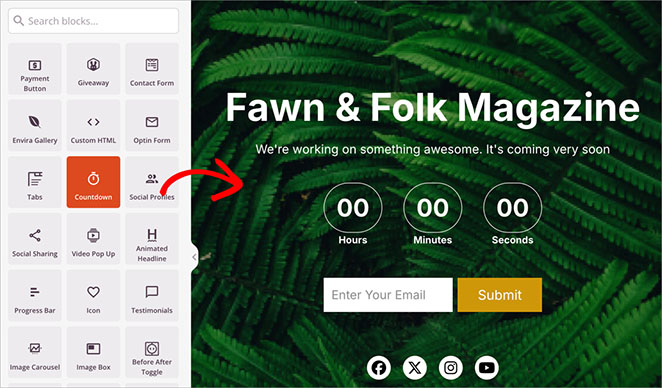 Adding the countdown timer block to coming soon page in SeedProd