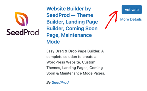 Activate SeedProd's free landing page plugin