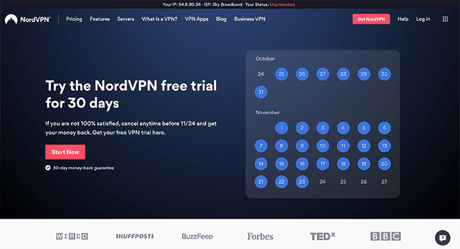 Exemple de page d'atterrissage pour l'essai gratuit de Nord VPN