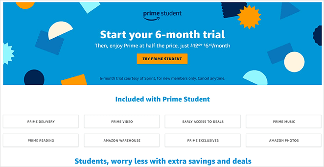Exemple de page d'atterrissage pour l'essai gratuit d'Amazon Prime Student