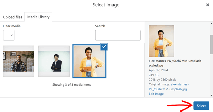 Adding an image from the media library to your meet the team page