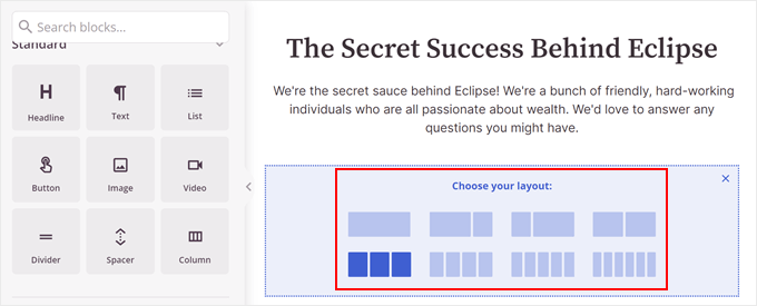 Choose a SeedProd column layout