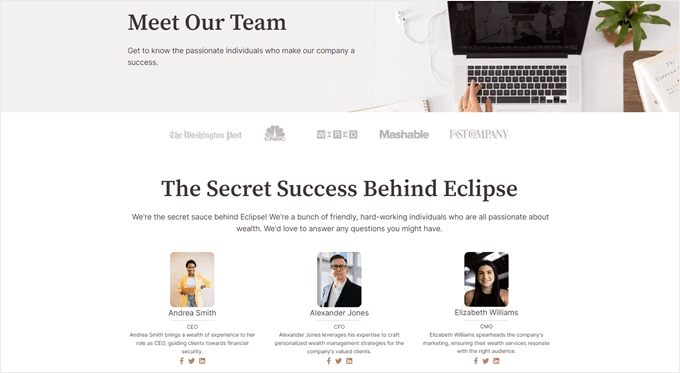 Final WordPress meet the team page example