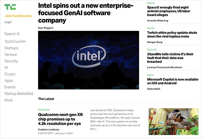 News site grid blog layout example from TechCrunch