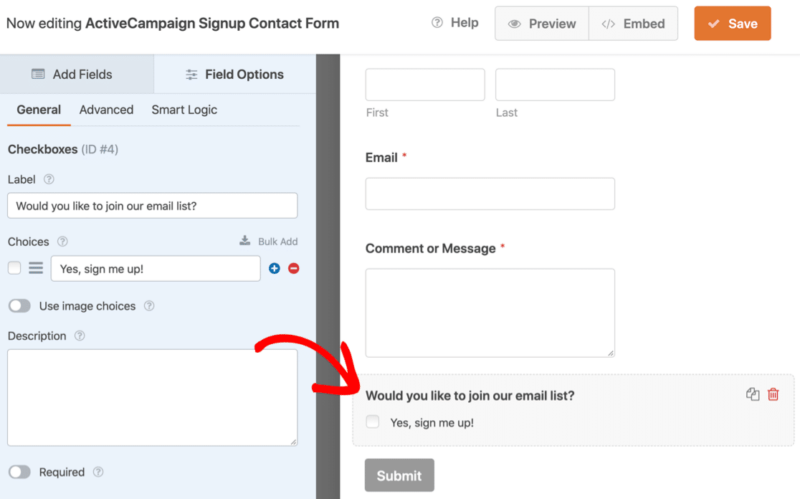 Formulaire WPForms avec case à cocher pour l'email de la campagne active