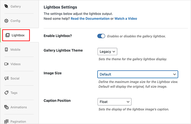 Envira Gallery Lightbox settings