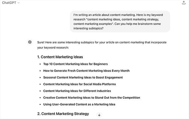 Example of brainstorming content with ChatGPT