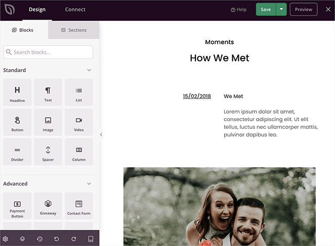 Our Story page for a wedding website made with SeedProd
