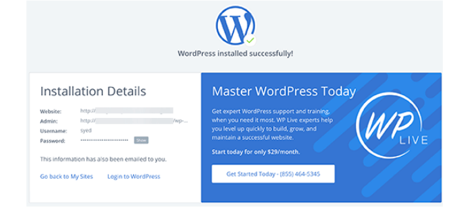 Install WordPress on bluehost success message