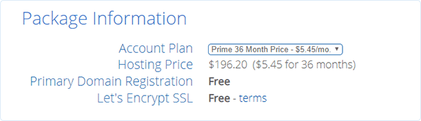 Bluehost package information