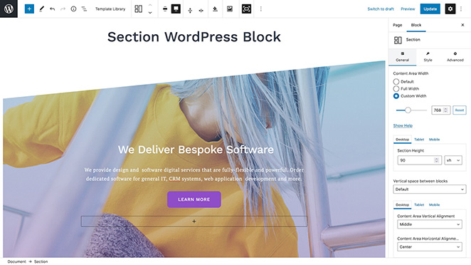 Getwid block based page builder interface