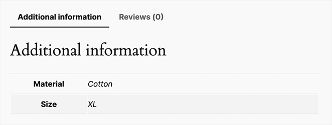WooCommerce additional information tab with product attributes
