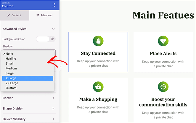 SeedProd box shadow settings