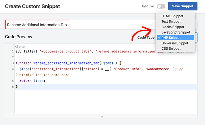 Code Snippet to rename WooCommerce additional information tab