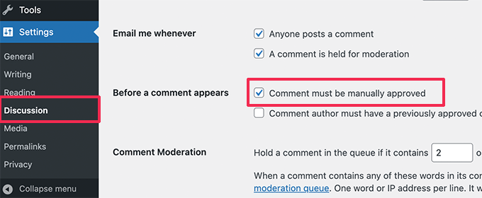 Set up comment moderation in WordPress 