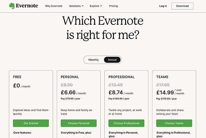 Evernote landing page example
