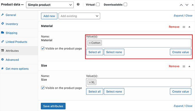 Product data attribute values