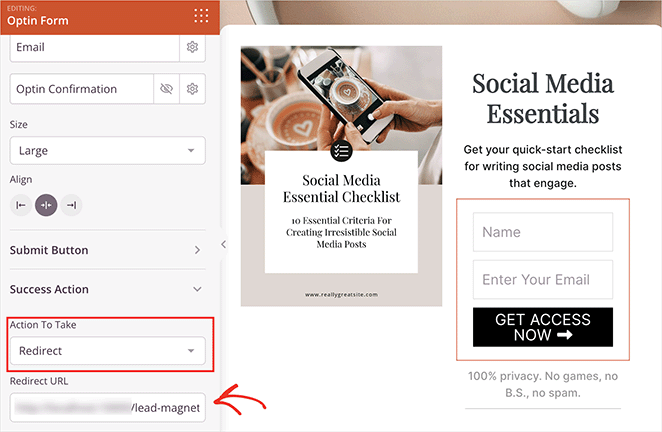 Redirect the lead magnet opt-in form to your thank you page