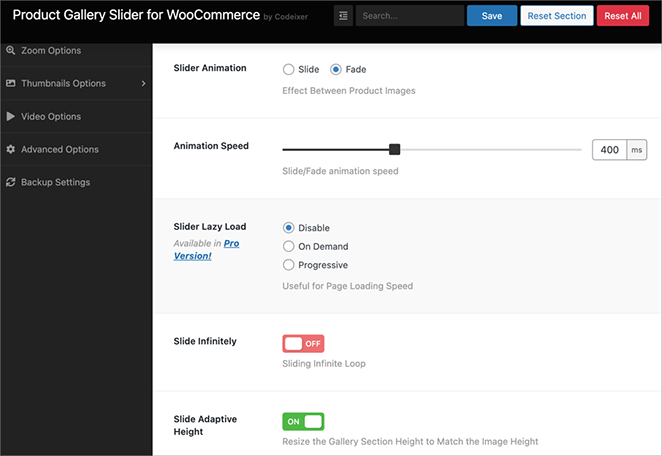 WooCommerce product gallery slider settings