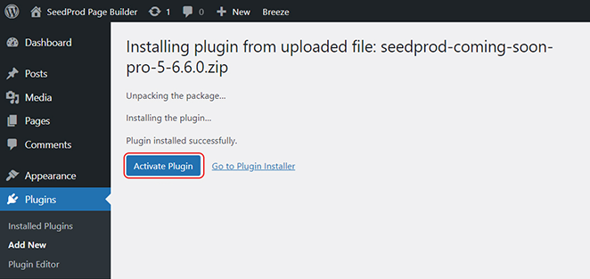 Activate the SeedProd plugin