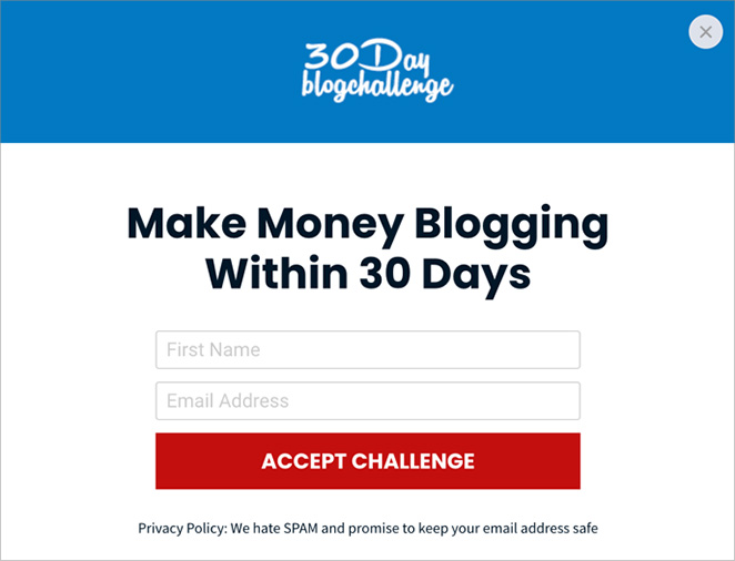 Blog challenge sign up form example