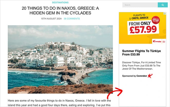 Display ads on a travel blog example