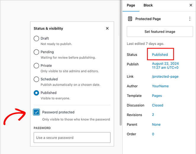 password protect a WordPress page using default settings