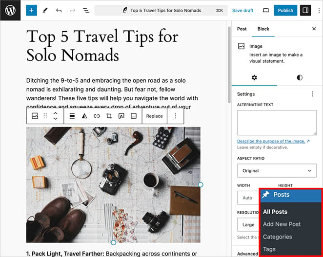 Travel blog post example WordPress