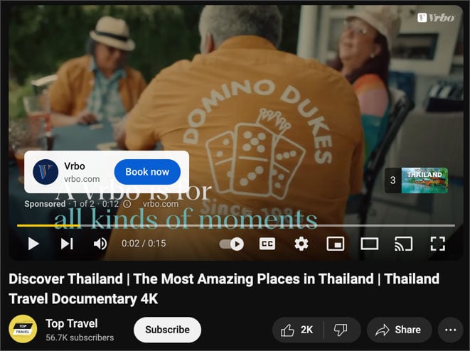 Example of a monetized add on a YouTube travel blog video