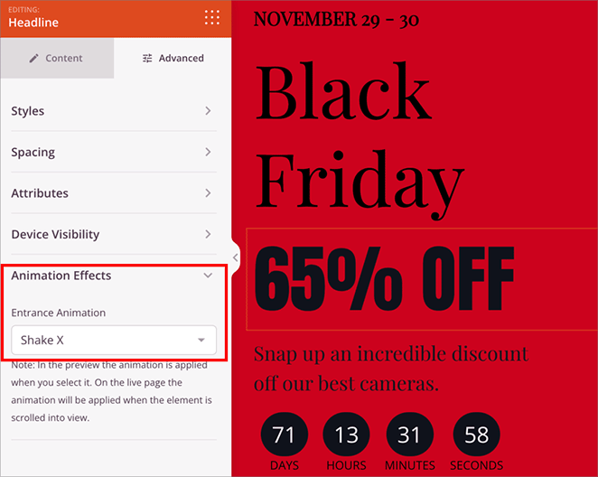 Black Friday landing page animation effects