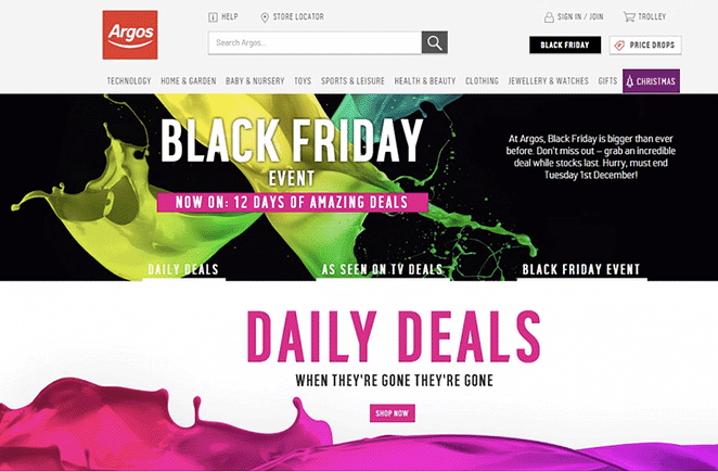 Argos black friday landing page example with eye-catching images