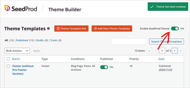 Enable SeedProd WordPress theme
