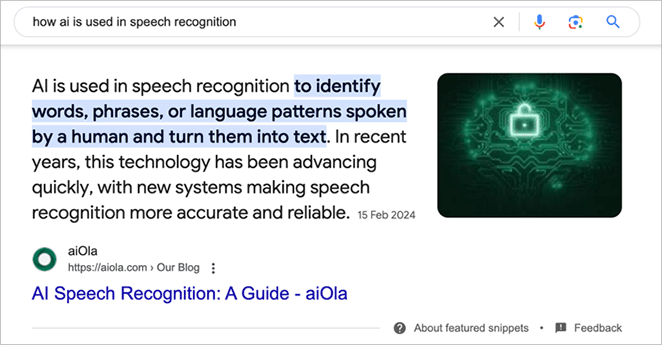 Featured snippet example in google search results