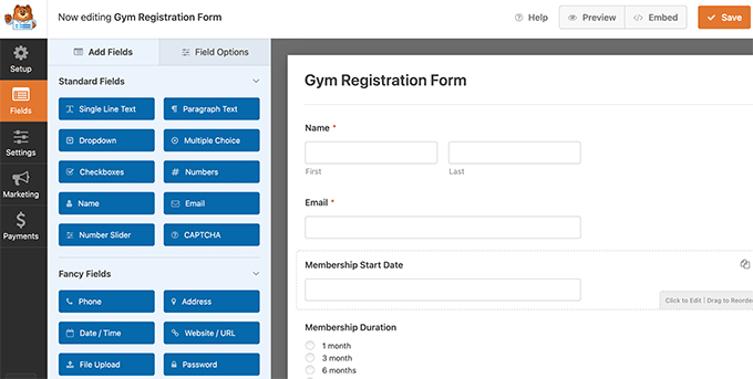 Gym registration form in WPForms