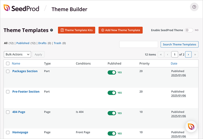 Imported WordPress theme template parts in SeedProd