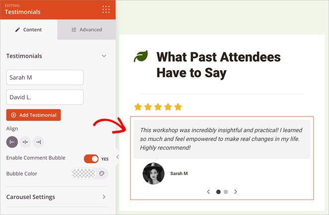 Adding testimonials to the event landing page