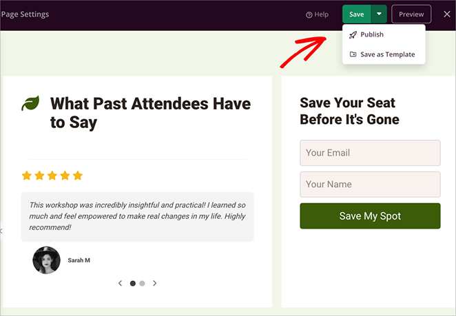 Save and publish the event landing page